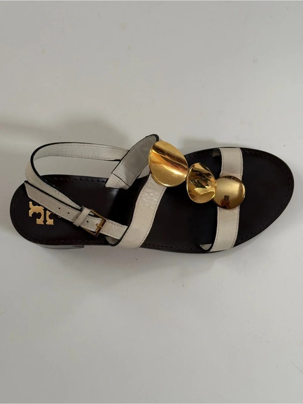 Tory Burch White Leather Sandals with Gold Disc Detail